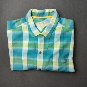 Tommy Bahama Shirt Mens 2XL Big Blue Green Plaid Short Sleeve Camp Button Up